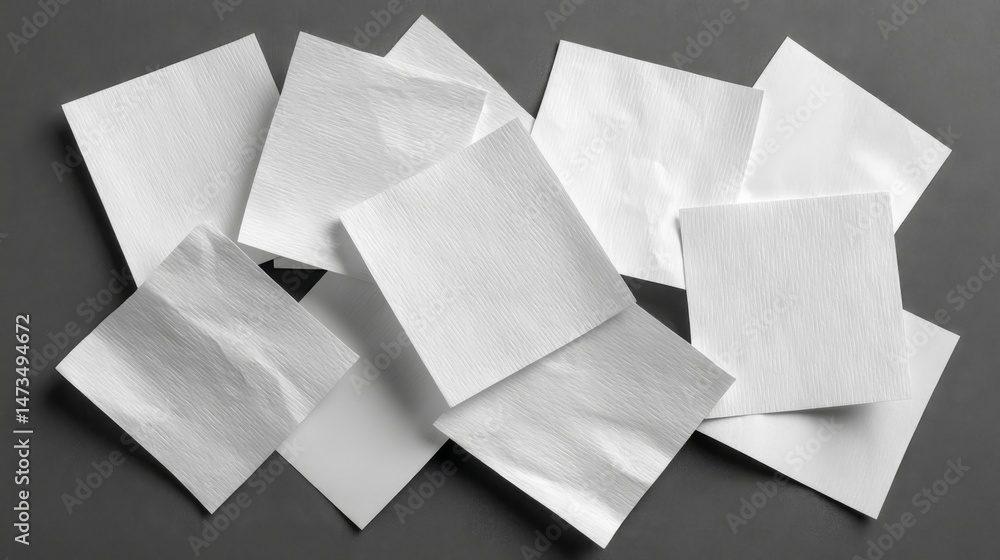 Poster crumpled square adhesive labels with textured edges arranged on dark gray background, featuring ampl