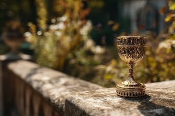 Ornate gold cup resting on a stone wall outdoors.