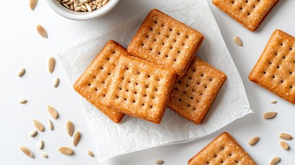 Homemade Food Concept, Crispy crackers arranged on a textured surface with sunflower seeds scattered around.