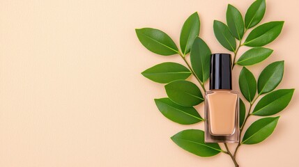 Beige Nail Polish Bottle with Green Leaves on Beige Background