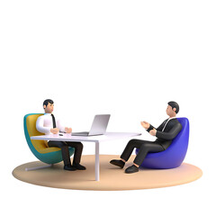 3D illustration of men discussing project on laptop