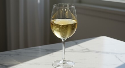 Obraz premium Wine glass with white wine stands on a marble surface with light.