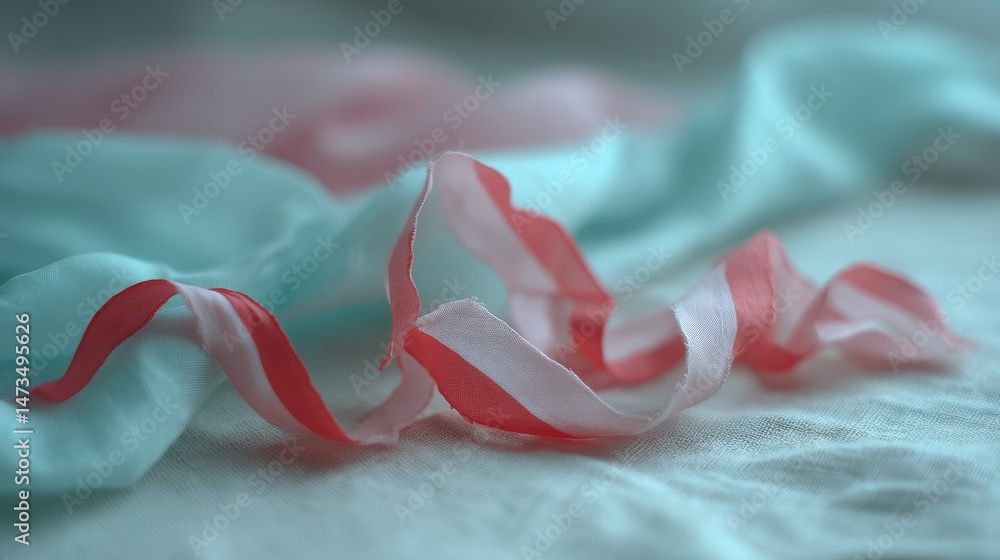 Poster a soft-focus shot captures a delicate red ribbon tied in a bow, resting on textured linen fabric wit