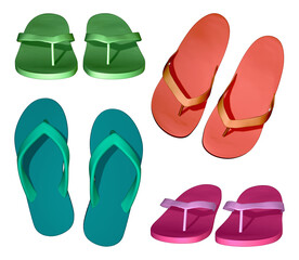 Four pairs of colorful beach slippers shown from two different perspectives: top-down and front view. 3D illustration