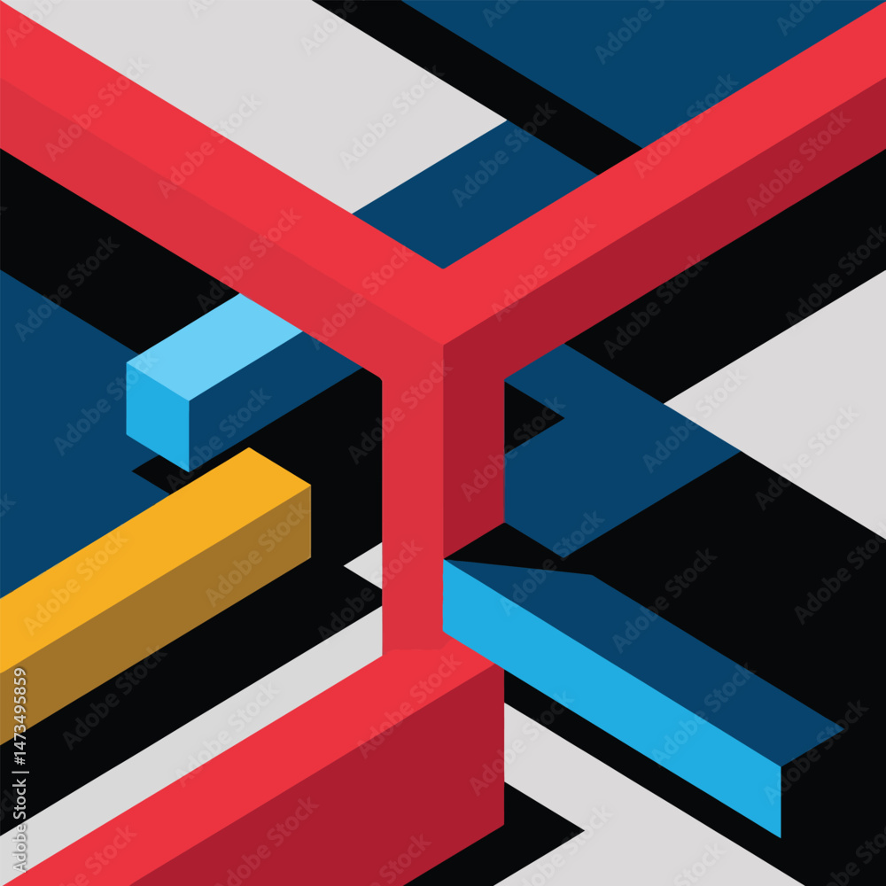 Poster abstract geometric isometric design red blue yellow modern art background bold graphic illustration 