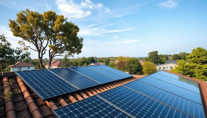 Rooftop solar panels, suburban view, lush trees, blue sky, horizon, building