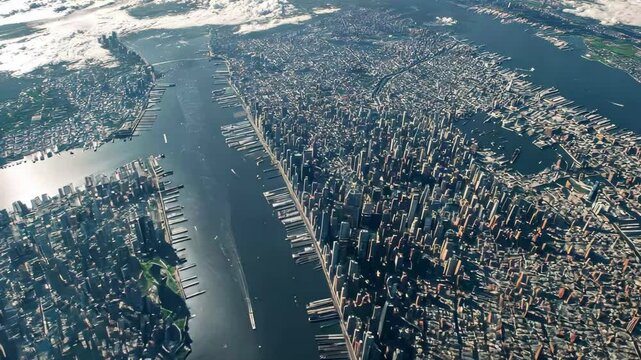 Earth zoom from New York City to space highlighting urban landscape and waterways, earth zoom from new york to space