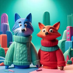 Cute 3D cartoon vector illustration of funny animals, wolf and fox