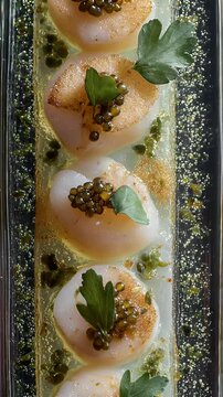 Overhead shot of seared scallops arranged in a glass rectangle, topped with caviar and parsley, set against a dark background.