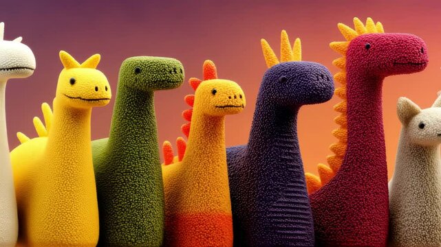 Vibrant plush dinosaurs in a gradient sunset backdrop, each uniquely textured and colored, standing in neat rows as the camera slowly pushes forward to reveal more characters.