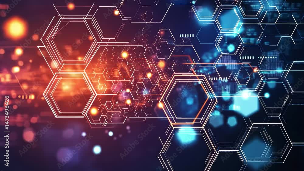 Poster Dynamic digital hexagon abstract background with glowing elements and vibrant colors for design projects, Digital hexagon abstract background