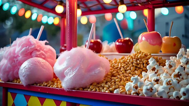 Colorful carnival treats with cotton candy, caramel apples, popcorn, peanuts, bright lights, festive fair stall, vibrant snack display, fun amusement park food