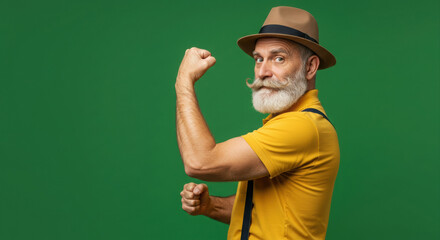 Mature man in a yellow polo shirt and brown hat flexing his arm against a solid green background. Stylish senior male flexing bicep in studio setting.