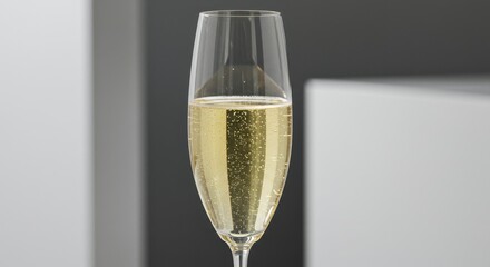 Tall glass filled with sparkling liquid stands against a gray and white background.