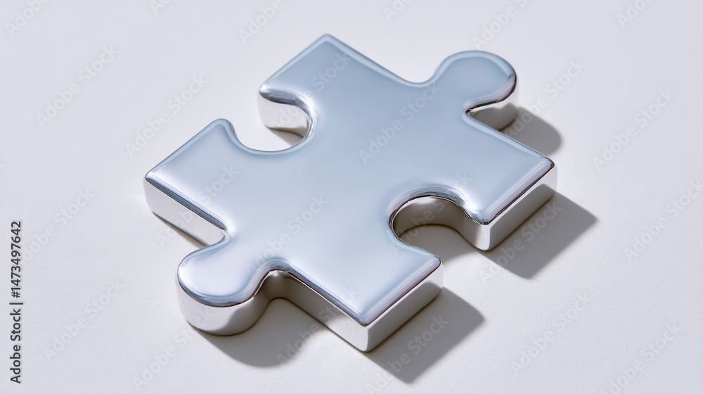 Aufkleber A glossy silver puzzle piece rests on a clean white surface, showcasing its reflective texture and soft shadows, symbolizing problem-solving and connections