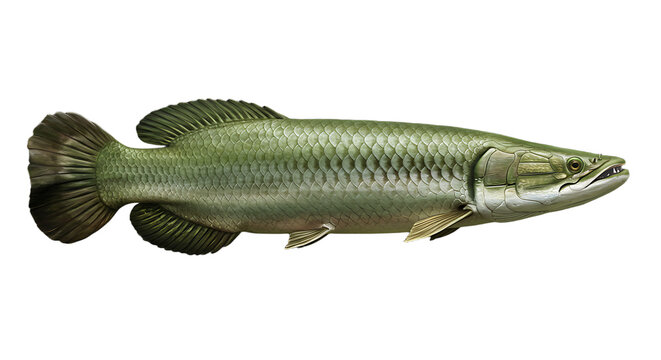 Detailed illustration of an arapaima pirarucu fish on a clean gray backdrop