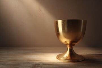 Golden chalice illuminated by spotlights on a wooden surface.