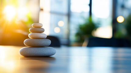 Serene stack of smooth stones symbolizes balance and tranquility bright, modern workspace. warm sunlight enhances peaceful