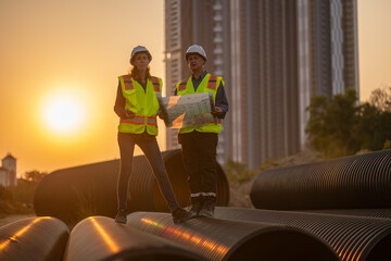 Construction surveyor or engineer working in pipe construction site for inspection detail of...