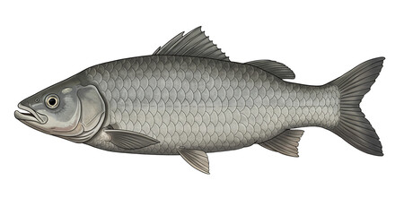 Fototapeta premium Detailed illustration of a sleek, silver carp against a neutral backdrop in aquatic art