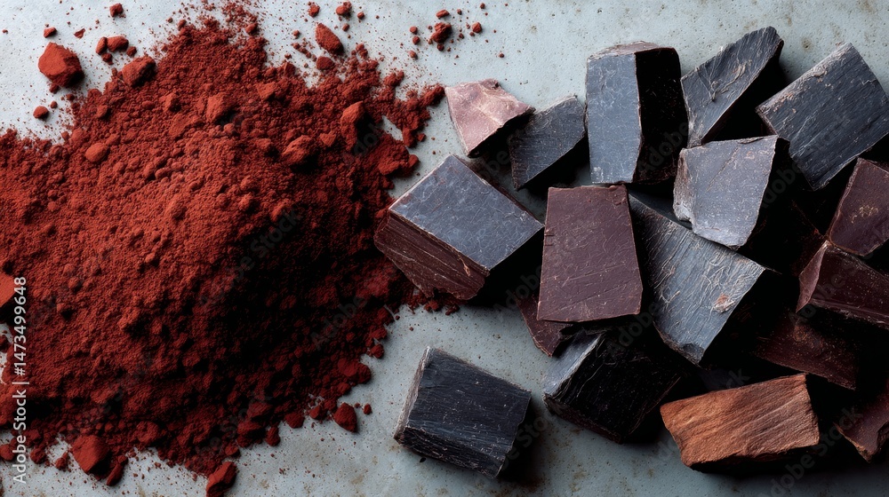 Poster chunks of dark chocolate are scattered among rich cocoa powder, showcasing a luscious texture under 