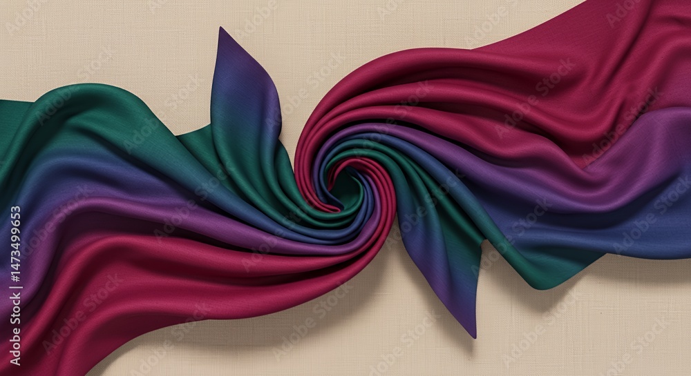 Poster vibrant flowing multicolored fabric with dynamic folds creates movement and depth on textured neutra