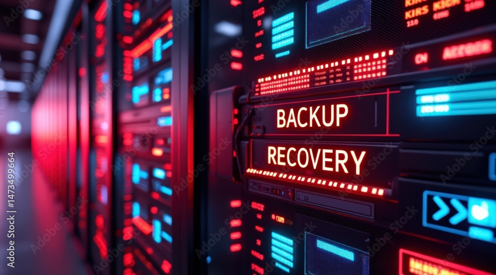 Poster recovery emergency business, a close-up view of a high-tech server room with illuminated red lights,
