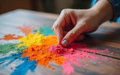 Hand Arranging Colorful Chalk Powder on Wooden Surface. High quality