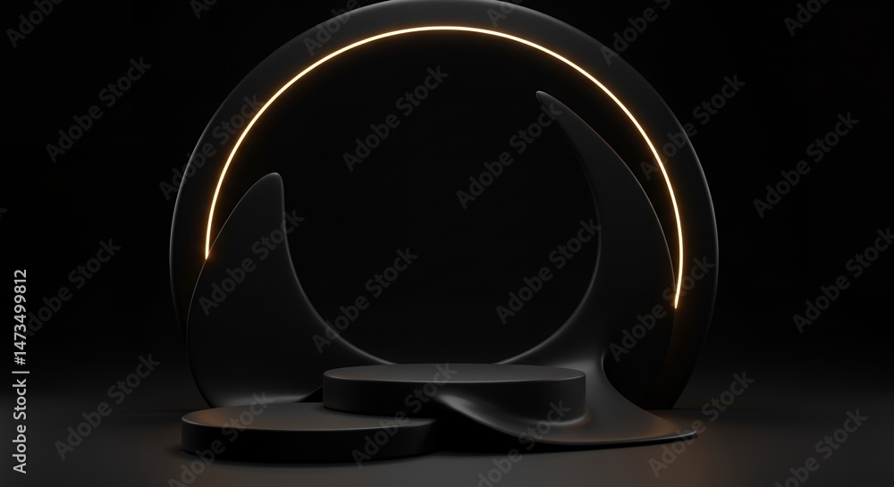 Aufkleber 3d render of a minimalist black podium display with a glowing neon ring and abstract design in a dar