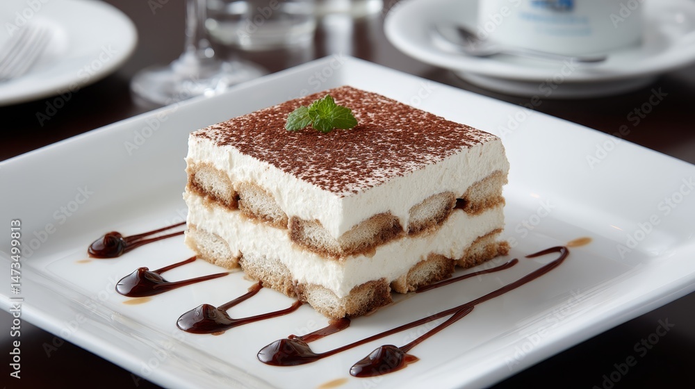 Poster close-up view of a layered dessert featuring rich cream and dark cocoa, beautifully presented with a
