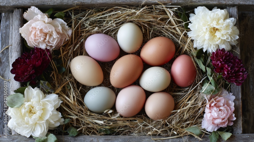 Aufkleber pastel-painted eggs rest in a straw-filled basket with blooming spring flowers arranged neatly on a 