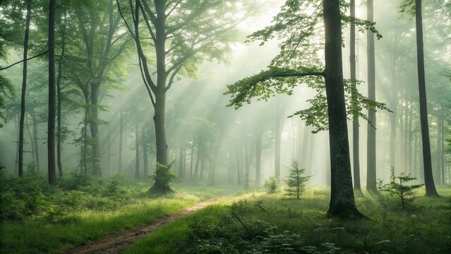 Fototapeta Misty Morning in Forest Glade