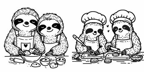 Sloth Couple baking cookies. Cartoon animal clipart silhouette vector illustration. Slow-moving pair preparing confectionery delights a culinary cute theme.