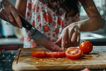 Woman slicing tomato