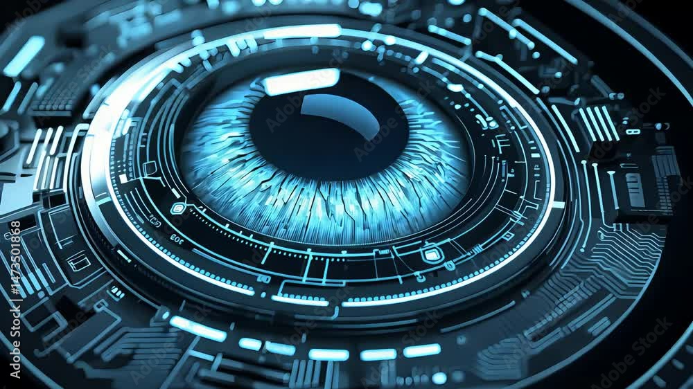 Poster futuristic blue eye with cybernetic iris and digital circuitry in high tech interface for biometric 