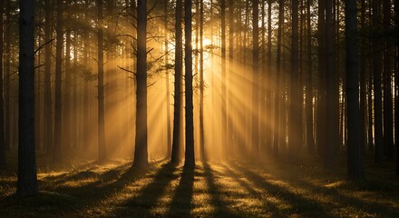 Fototapeta premium Forest Sunrise - Sunlight through Tall Trees