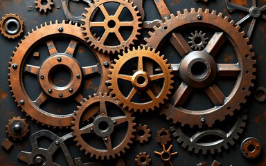 Intricate Bronze and Black Gears Mechanical Texture. High quality