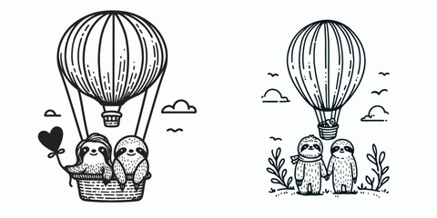 Sloth Couple taking a hot air balloon ride. Cartoon animal clipart silhouette vector illustration. Lazy pair adventure drifting aloft within balloon elevated romantic journey.