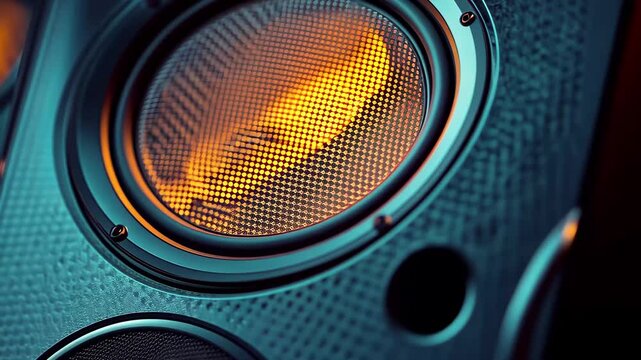Close up view of subwoofer speakers vibrating in response to bass-heavy music, CLOSE UP moving sub-woofer music speakers vibrating membrane