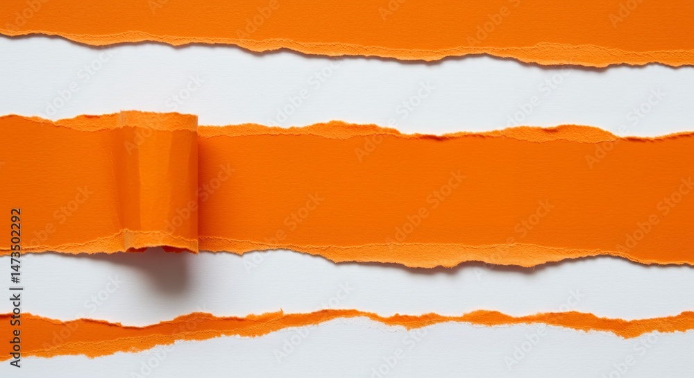 Poster close-up of torn orange paper revealing white space, creating a layered texture with a roll of paper