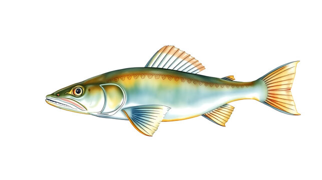 Watercolor wels catfish or sheatfish (Silurus glanis). Hand drawn fish illustration isolated on white background.