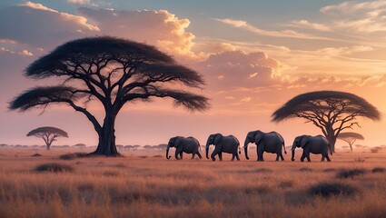 Obraz premium Elephants Walking Across African Savannah at Sunset with Acacia Trees