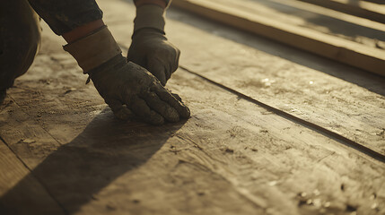 Hands in Gloves Working on Wooden Floor