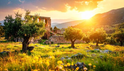 Naklejka premium Ruins stand in a sunlit field with trees and mountains under a vibrant sky