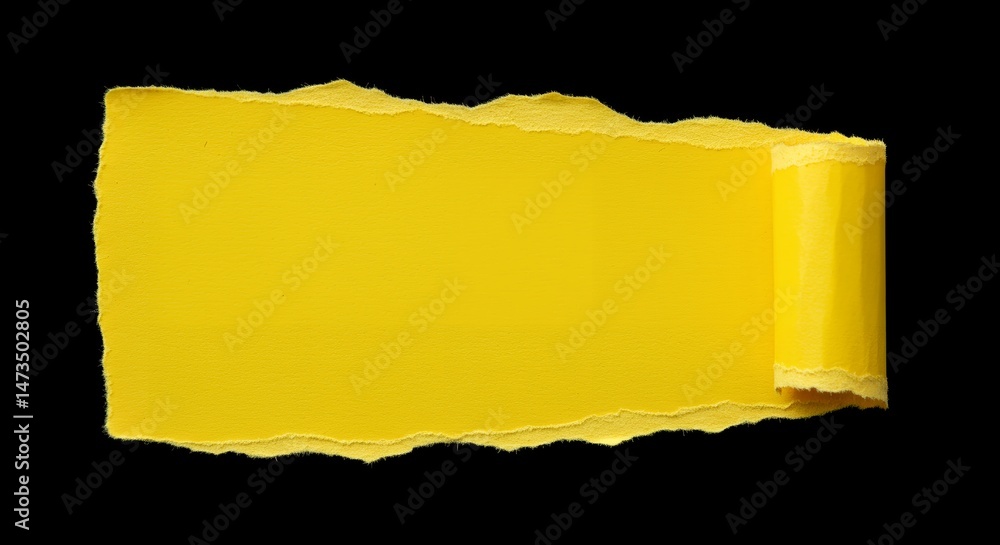 Poster close-up of torn yellow paper revealing a black background, showcasing texture and rolled edge, crea