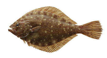 Isolated flatfish showcases intricate camouflage patterns against bright backdrop