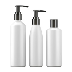 Elegant White Plastic Bottles with Black Caps - Modern Packaging Mockup for Commercial Use , isolated on white background png