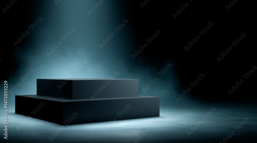 Aufkleber atmospheric view featuring a sleek black podium with soft smoke swirling around, enhanced by a drama
