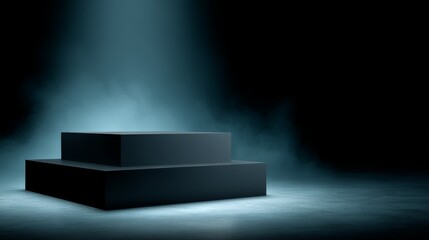 Atmospheric view featuring a sleek black podium with soft smoke swirling around, enhanced by a dramatic spotlight creating an air of intrigue for showcasing products