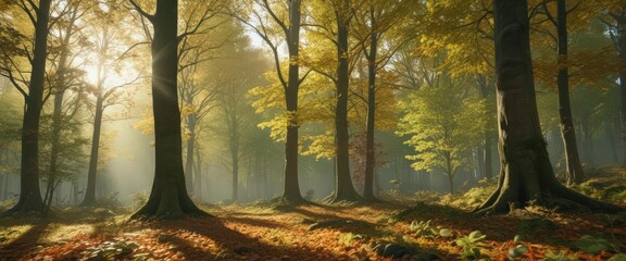 Sun-dappled autumn leaves, dense canopy, green undergrowth, sunlight, deciduous trees, environment